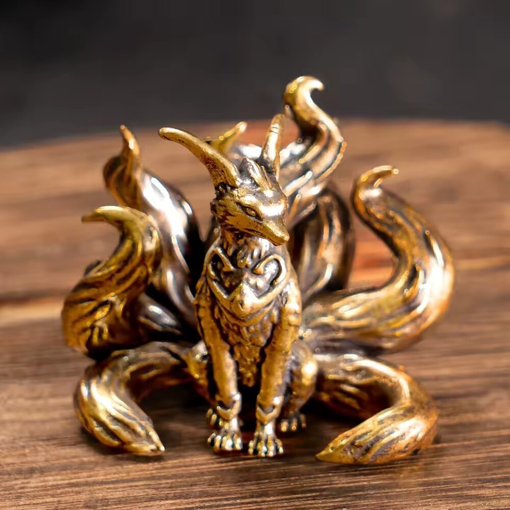 Mini Seven-Tailed Fox Figurine – Antique Brass-Style Mythical Fox Statue, Fantas
